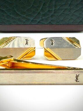 Vintage YSL Two Tone Rectangular Cufflinks Tie Bar Set SS325